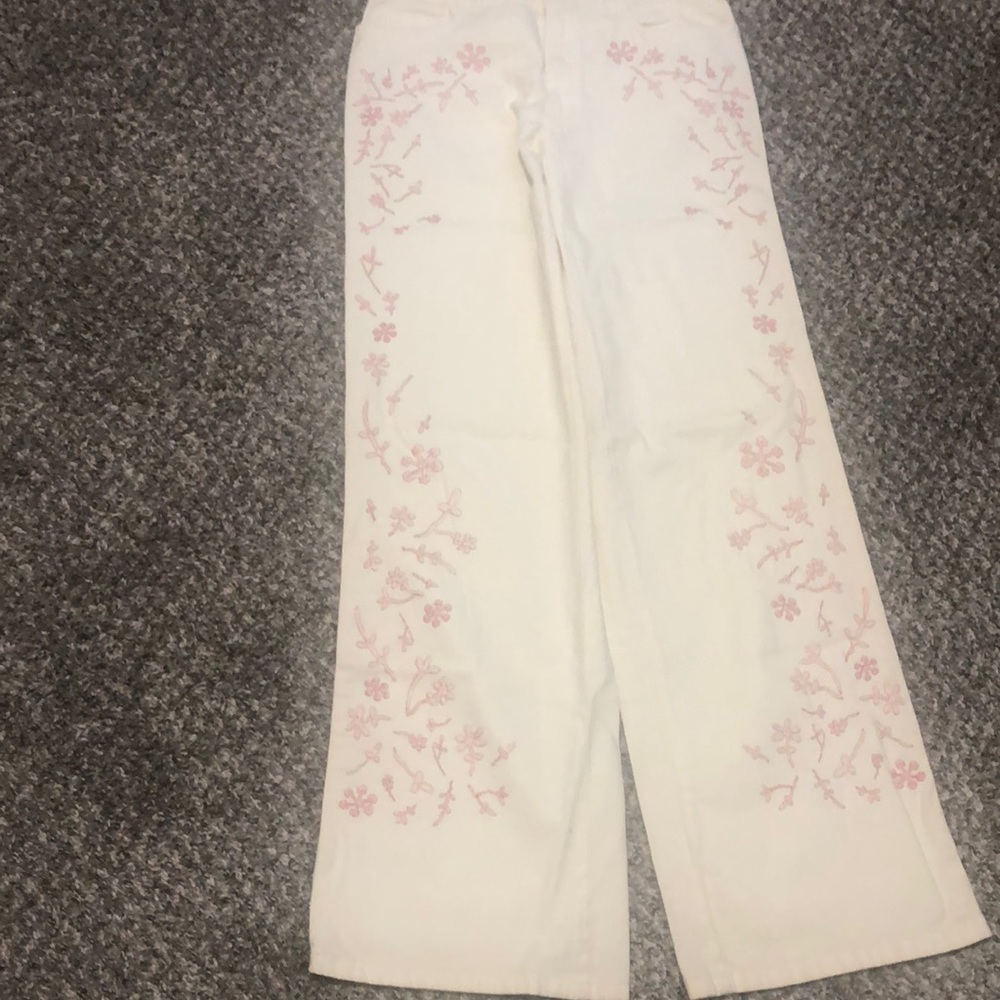 Fendi vintage lightweight Summer Jeans cream with pink embroidery. Never worn.